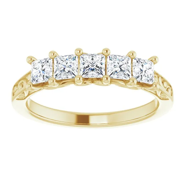 0.90 ct. Shared Prong Princess Cut Diamond Filigree Accent Wedding Band