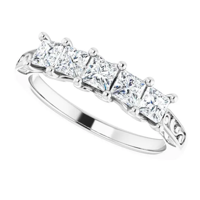0.90 ct. Shared Prong Princess Cut Diamond Filigree Accent Wedding Band