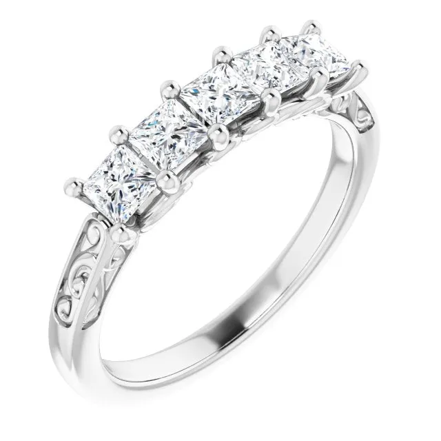 0.90 ct. Shared Prong Princess Cut Diamond Filigree Accent Wedding Band