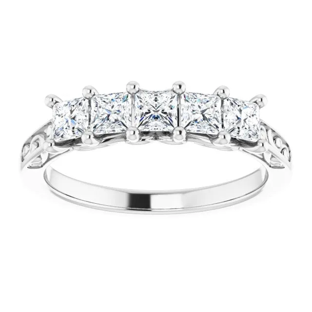 0.90 ct. Shared Prong Princess Cut Diamond Filigree Accent Wedding Band