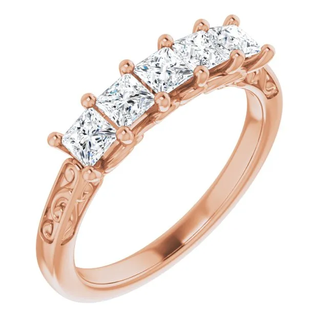 0.90 ct. Shared Prong Princess Cut Diamond Filigree Accent Wedding Band