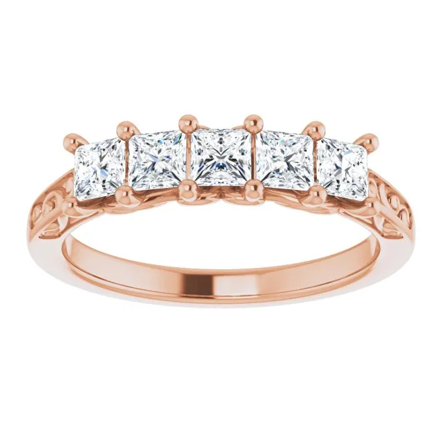0.90 ct. Shared Prong Princess Cut Diamond Filigree Accent Wedding Band