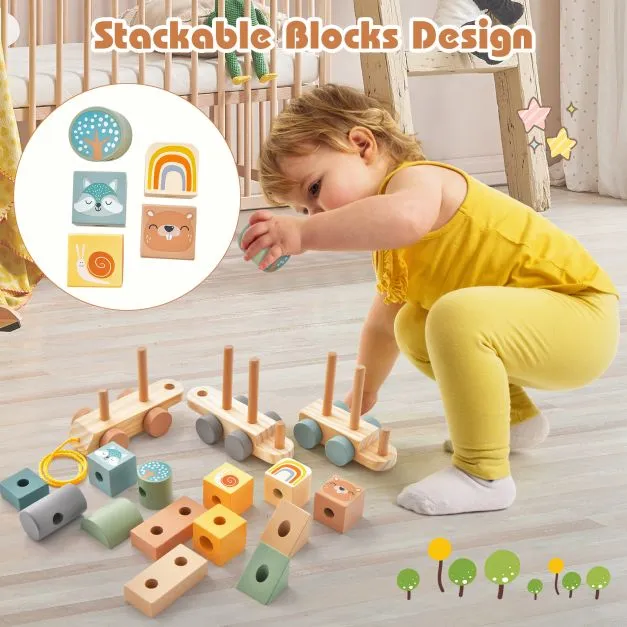 100% Eco Wooden Pull Along Stacking Train Set | Wooden Toy | Stacking Blocks | 18m 