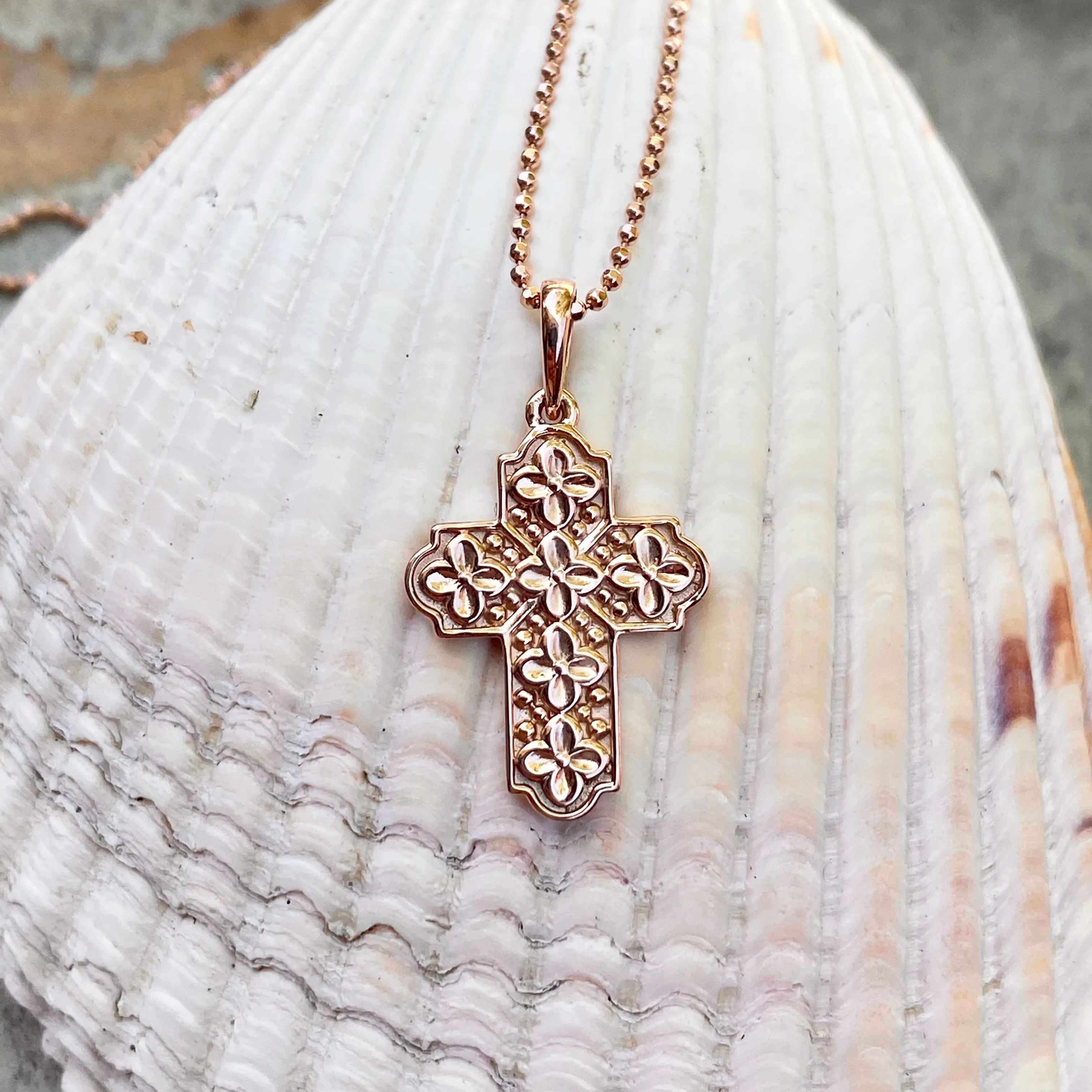 14KT Rose Gold Floral Raised Patterned Cross Pendant