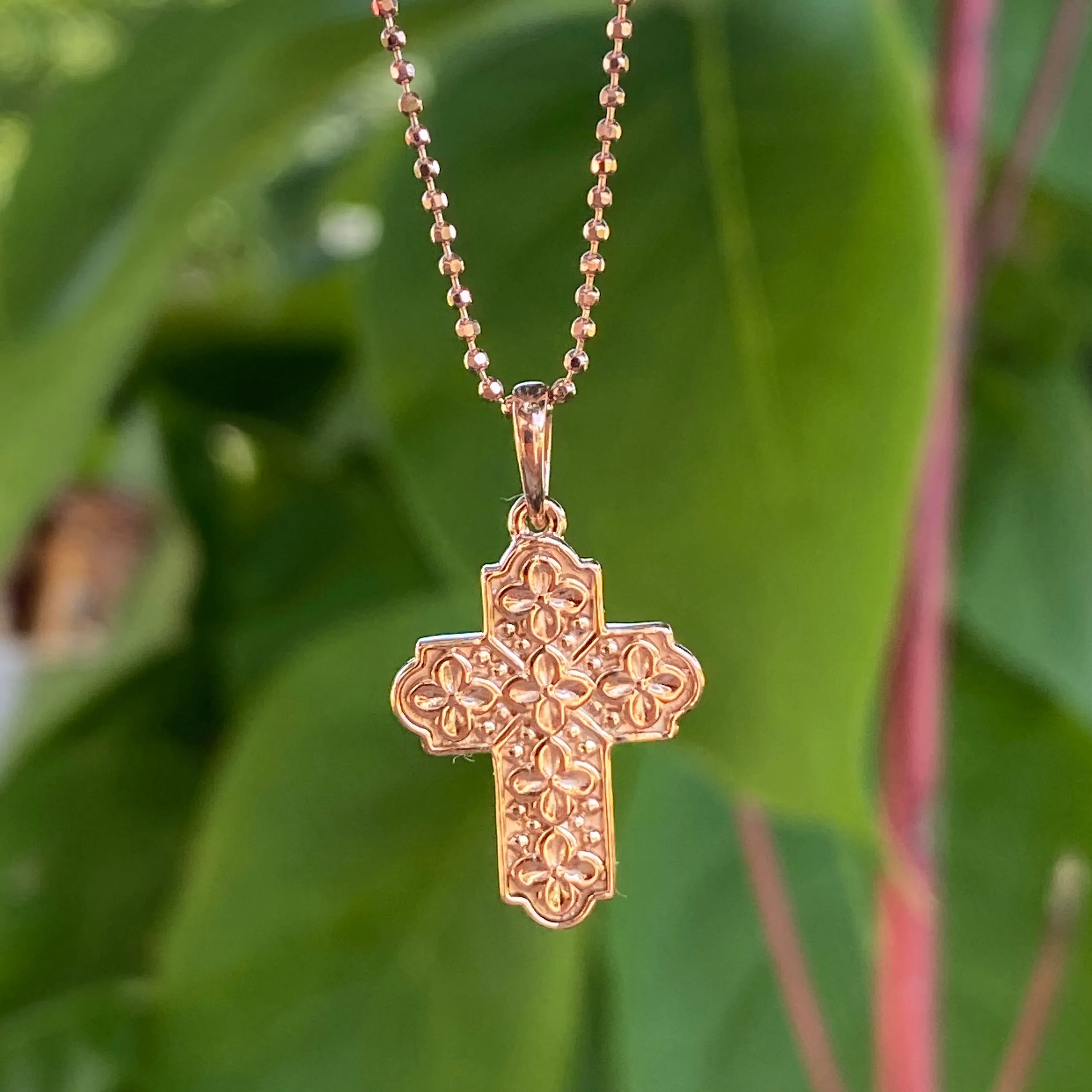 14KT Rose Gold Floral Raised Patterned Cross Pendant