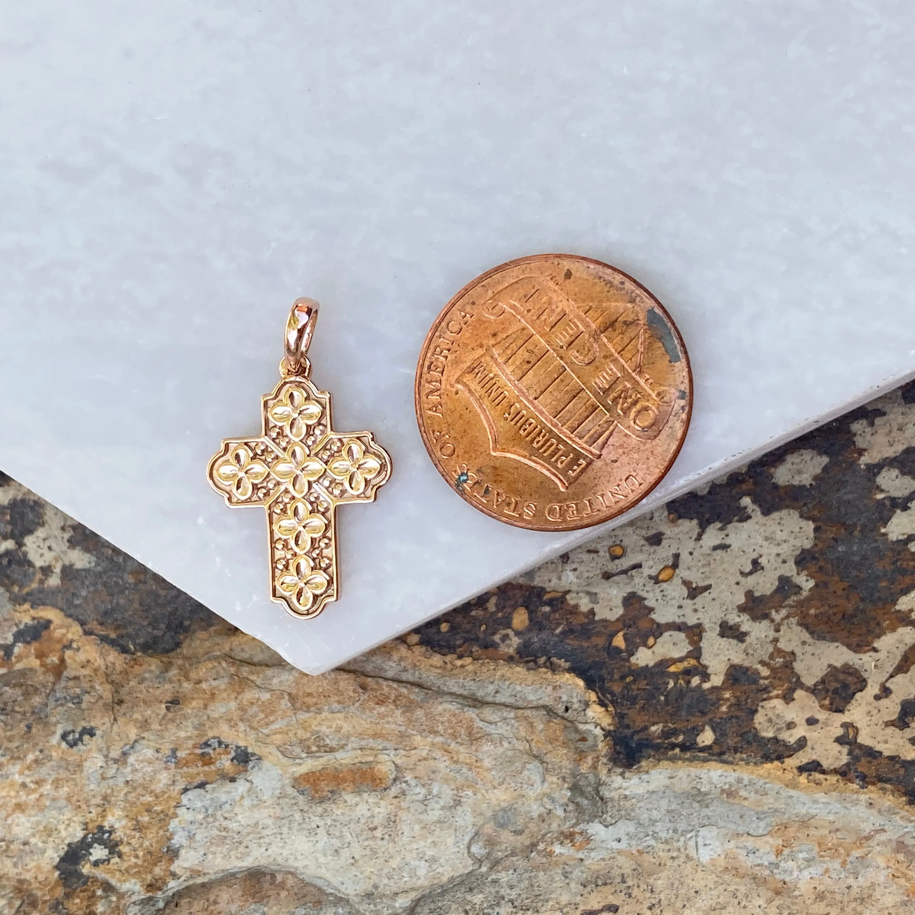 14KT Rose Gold Floral Raised Patterned Cross Pendant