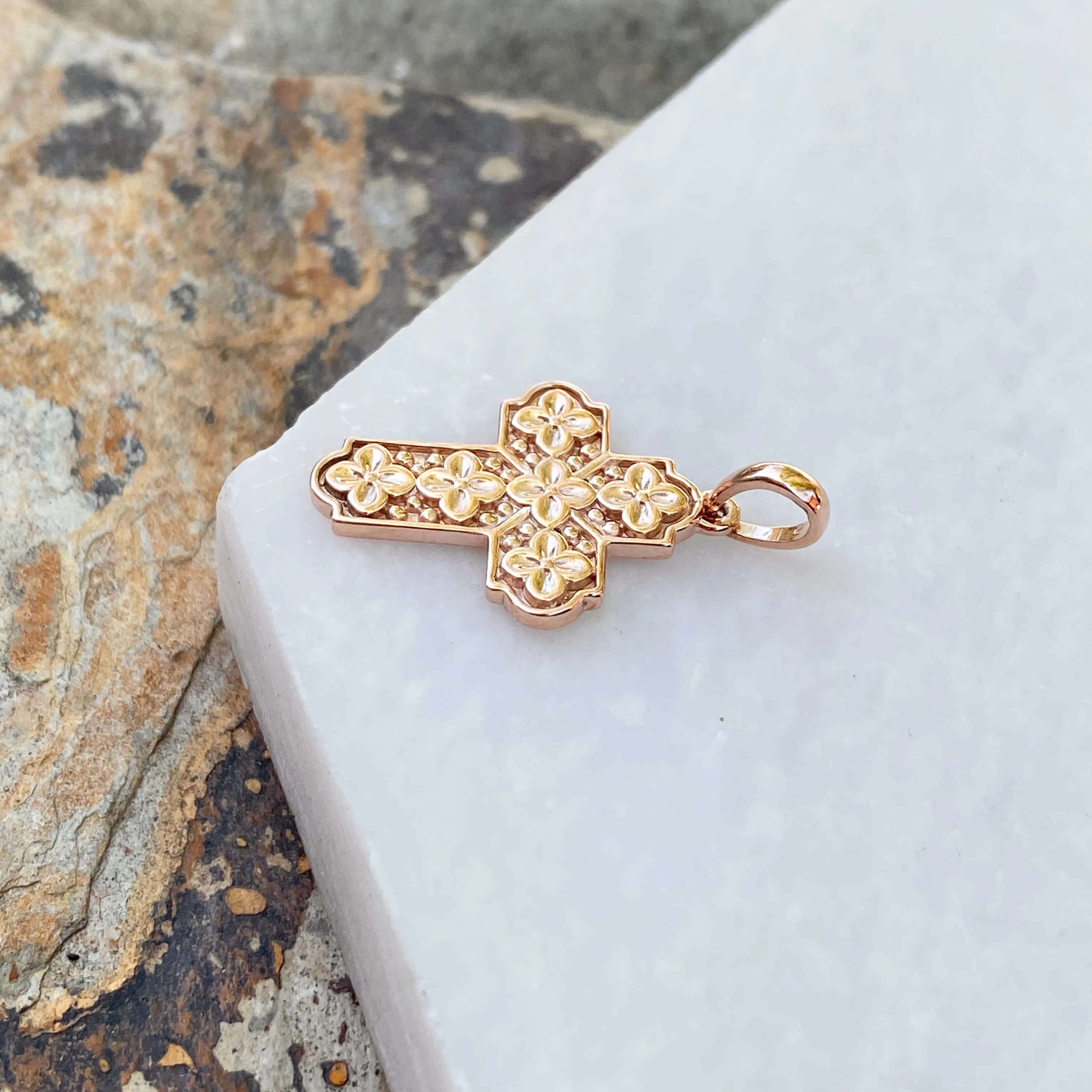 14KT Rose Gold Floral Raised Patterned Cross Pendant