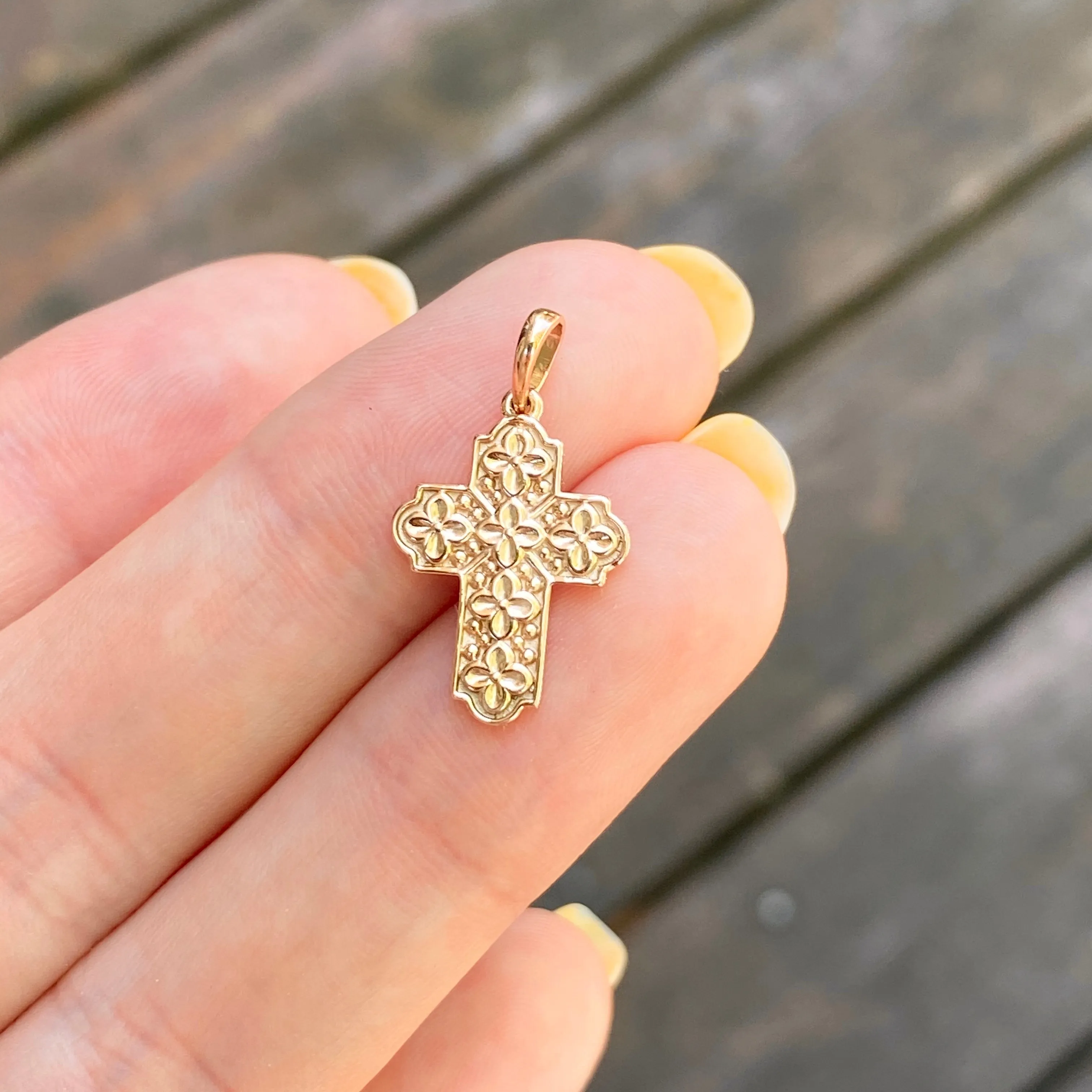 14KT Rose Gold Floral Raised Patterned Cross Pendant