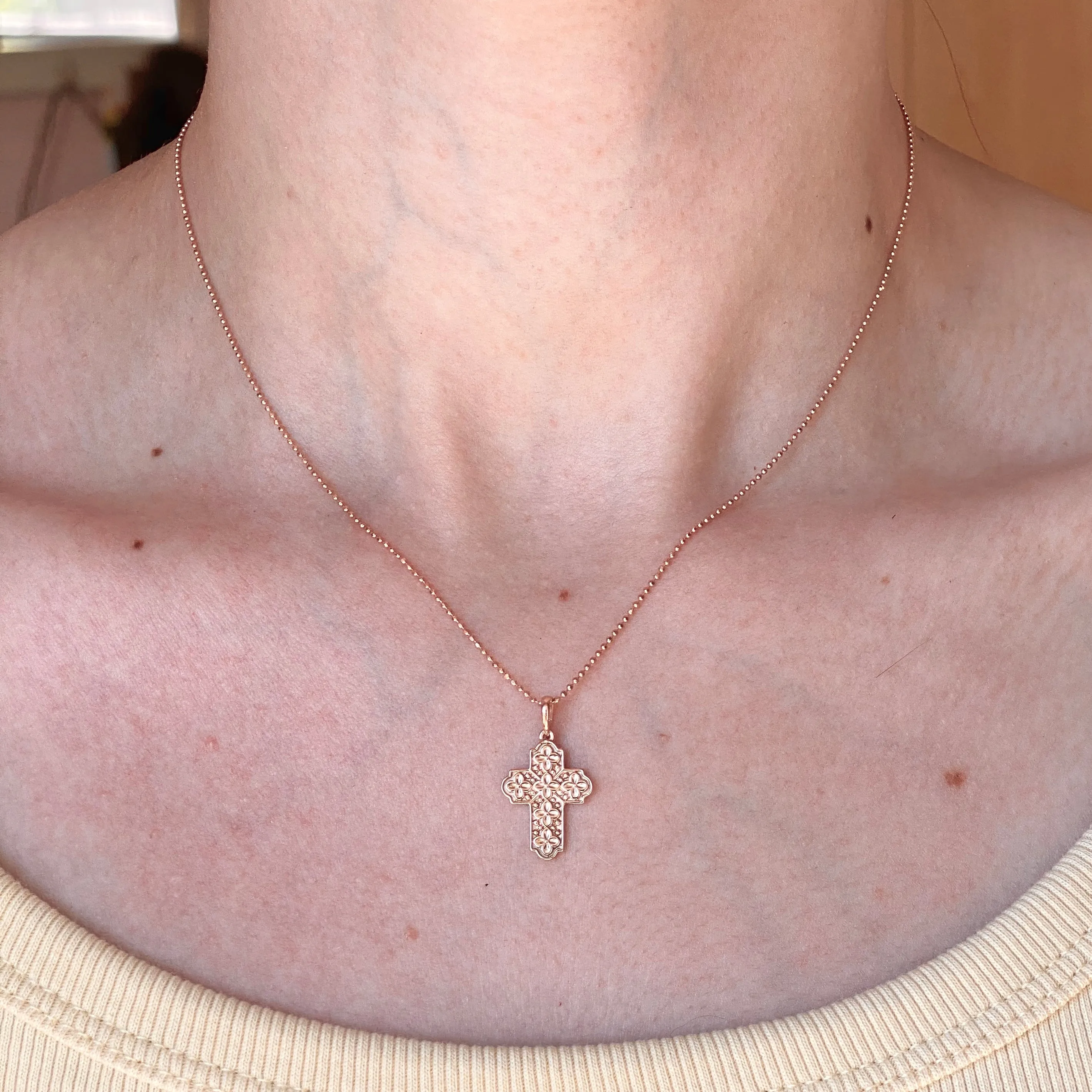 14KT Rose Gold Floral Raised Patterned Cross Pendant