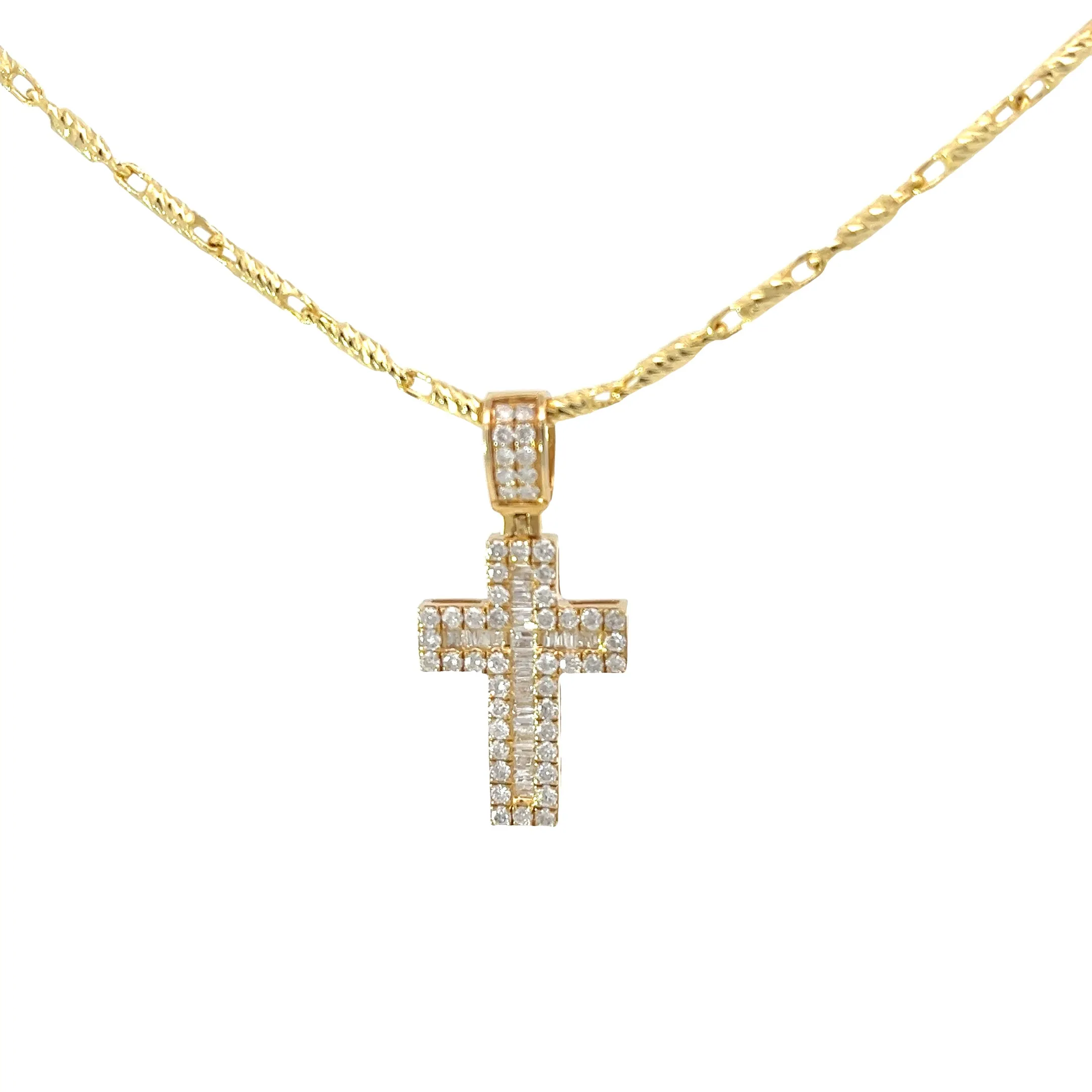 14KY 1CT G SI1 BAGUETTE/ROUND DIAMOND CROSS