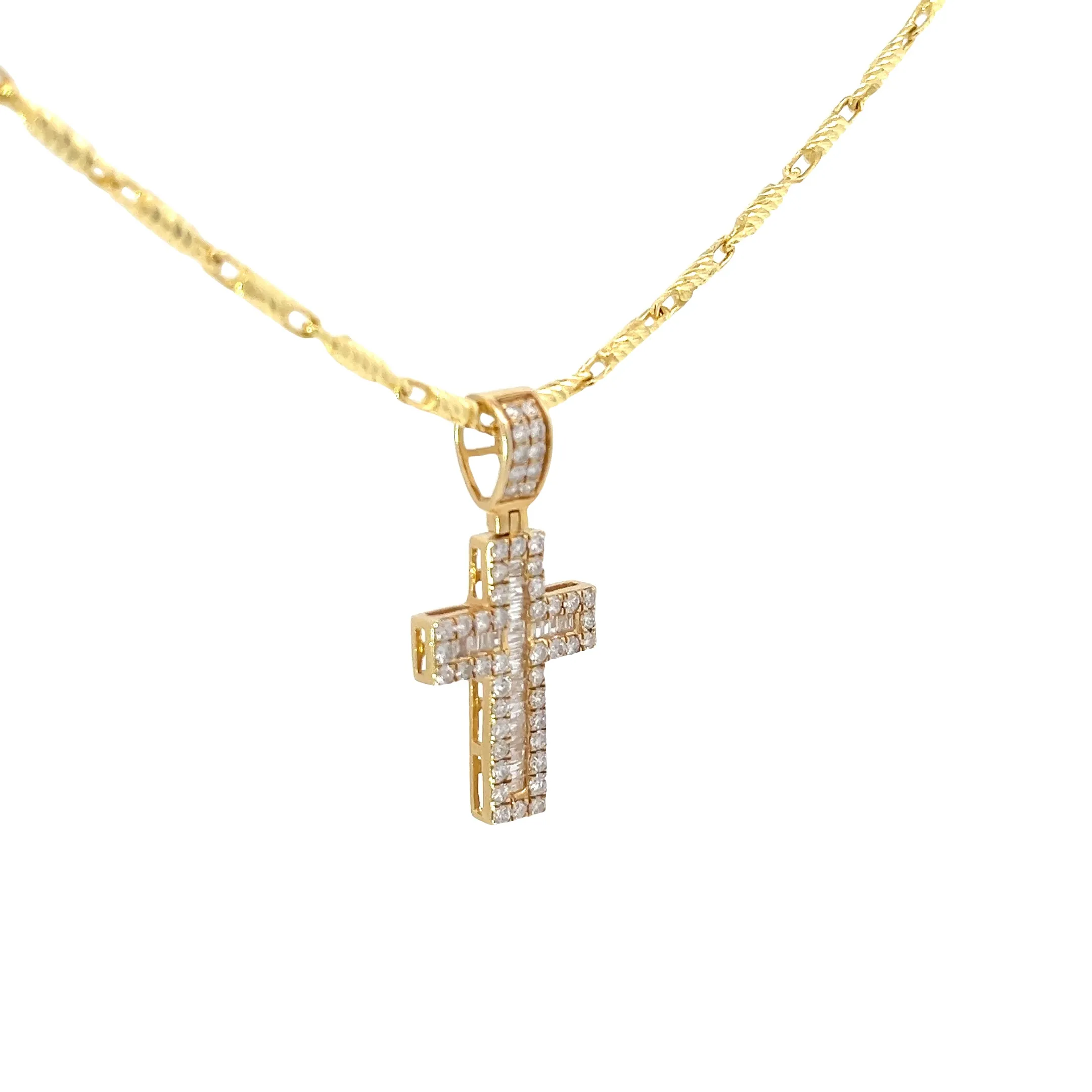 14KY 1CT G SI1 BAGUETTE/ROUND DIAMOND CROSS