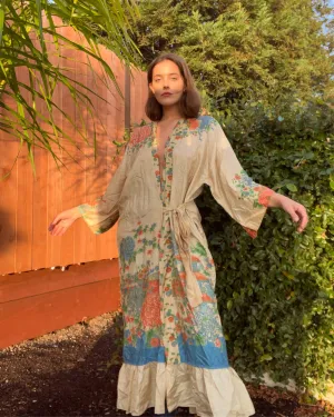 1920s Japanese Pongee Silk Full Length Tie Front Robe OS