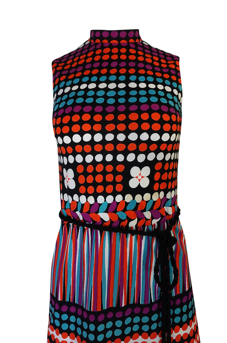 1970s Lanvin Bright Printed Dot & Stripe Jersey Dress