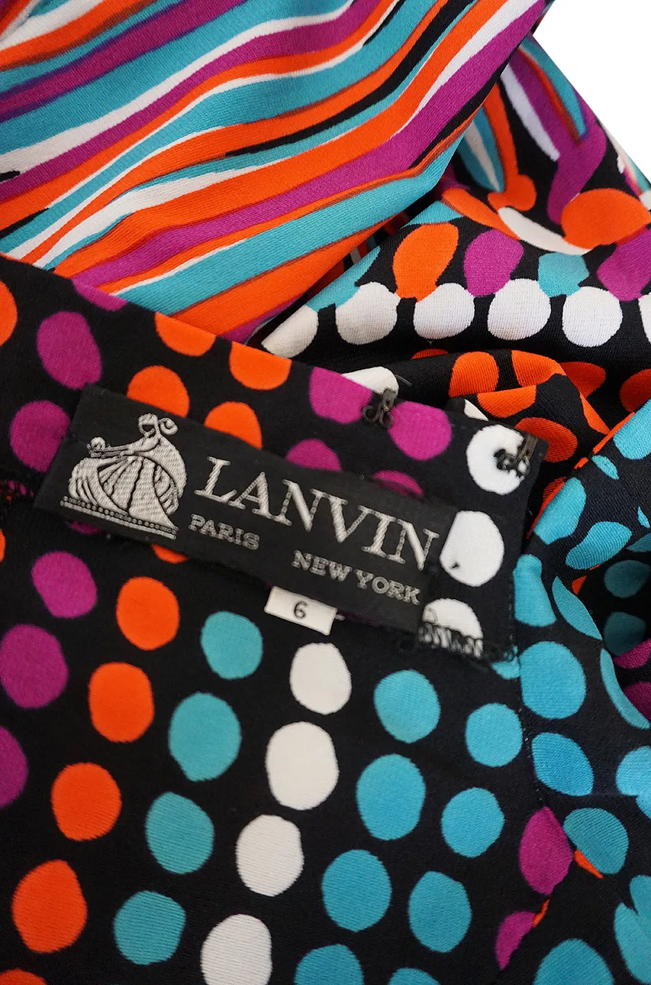 1970s Lanvin Bright Printed Dot & Stripe Jersey Dress
