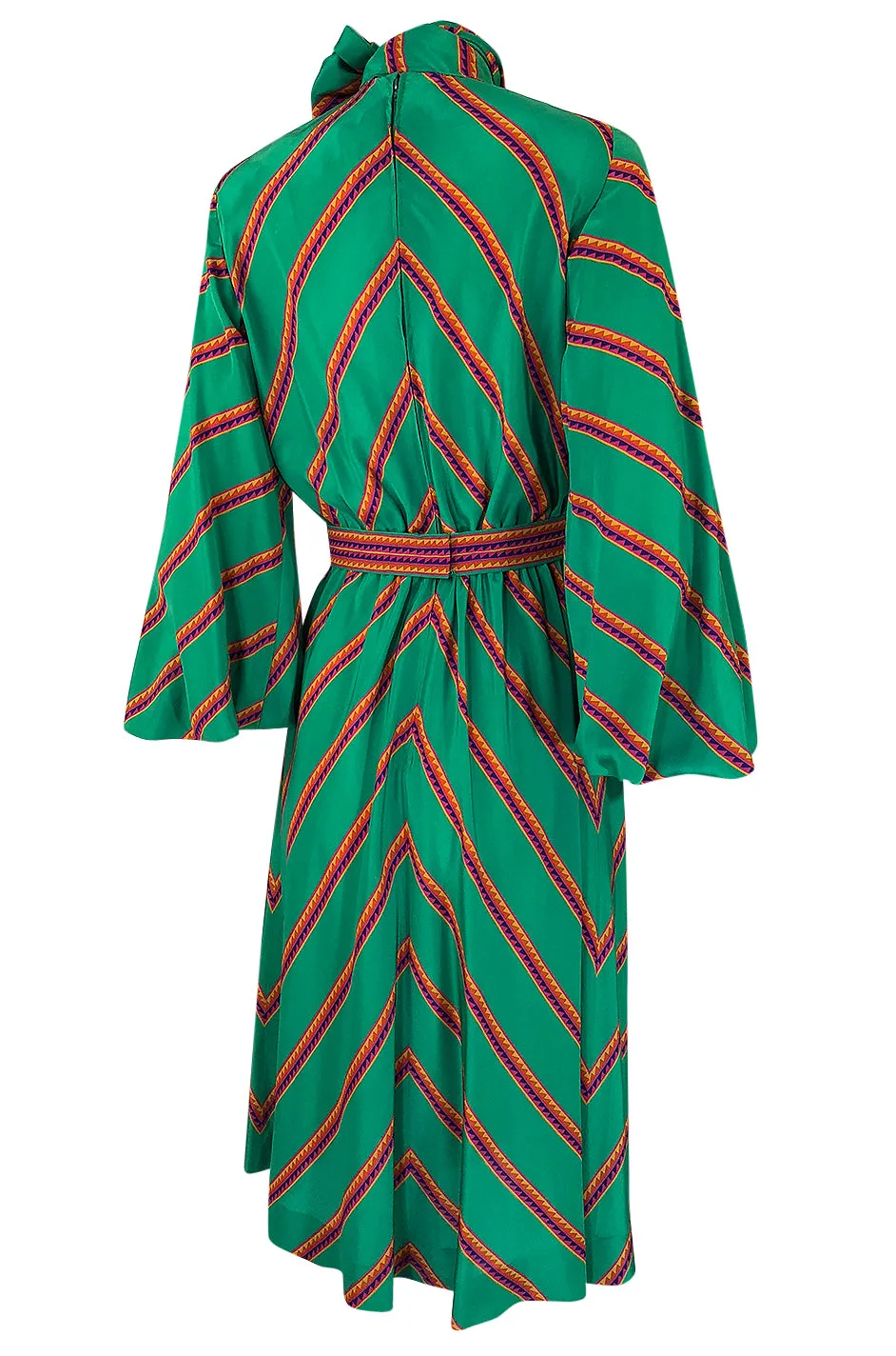 1970s Pauline Trigere Green Striped Silk Dress w Unusual Sleeves