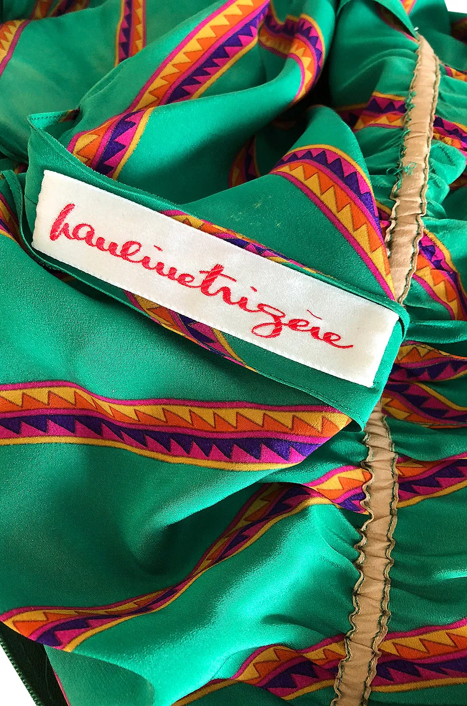 1970s Pauline Trigere Green Striped Silk Dress w Unusual Sleeves