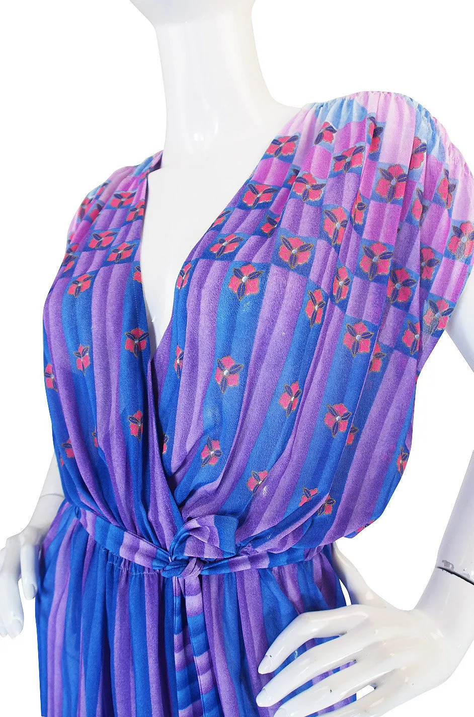 1970s Pretty Purple Nylon Print Wrap Dress