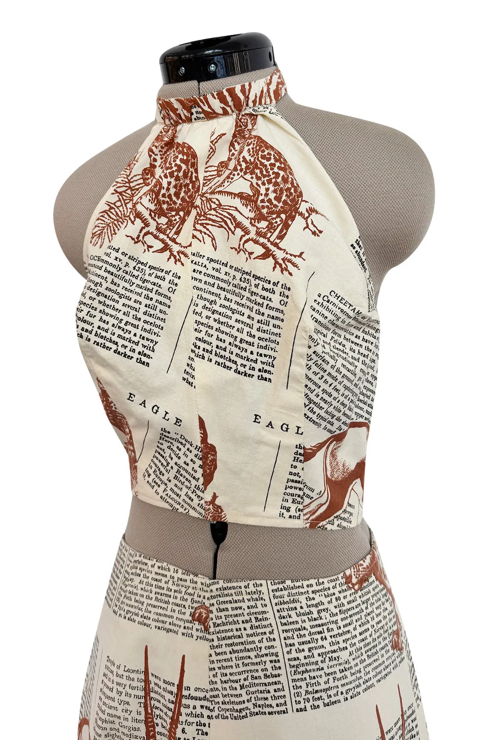 1970s Thea Porter WildLife & Text Printed Ivory Cotton Skirt & Halter Set