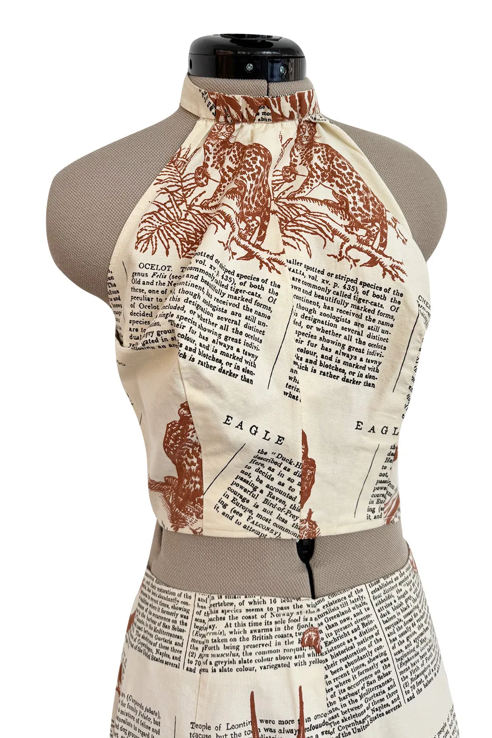 1970s Thea Porter WildLife & Text Printed Ivory Cotton Skirt & Halter Set