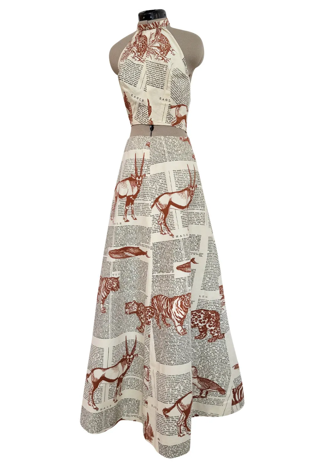 1970s Thea Porter WildLife & Text Printed Ivory Cotton Skirt & Halter Set