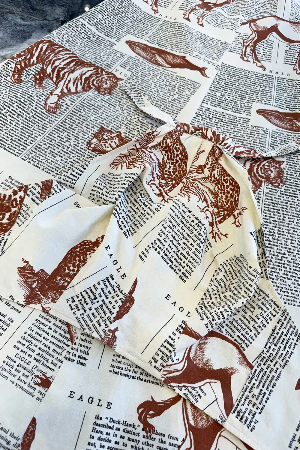 1970s Thea Porter WildLife & Text Printed Ivory Cotton Skirt & Halter Set