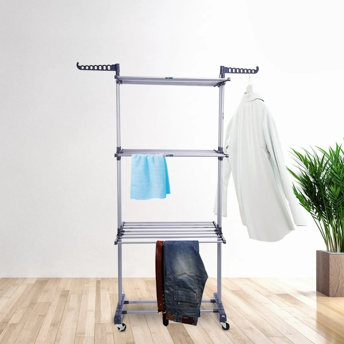 3 Tier Rolling Clothes Drying Rack Clothes Garment Rack Laundry Rack with Foldable Wings Shape Indoor/Outdoor Standing rack Stainless Steel Hanging Rods - Gray & Electroplate (Gray)