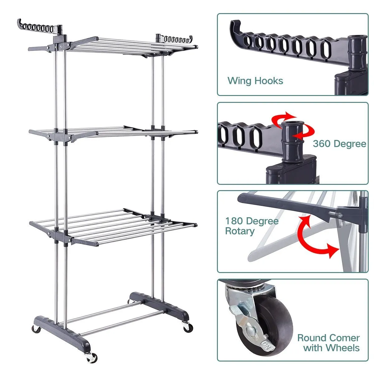 3 Tier Rolling Clothes Drying Rack Clothes Garment Rack Laundry Rack with Foldable Wings Shape Indoor/Outdoor Standing rack Stainless Steel Hanging Rods - Gray & Electroplate (Gray)