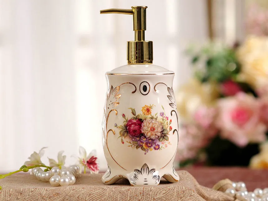 5 Piece Porcelain Bathroom Set - Country Bouquet
