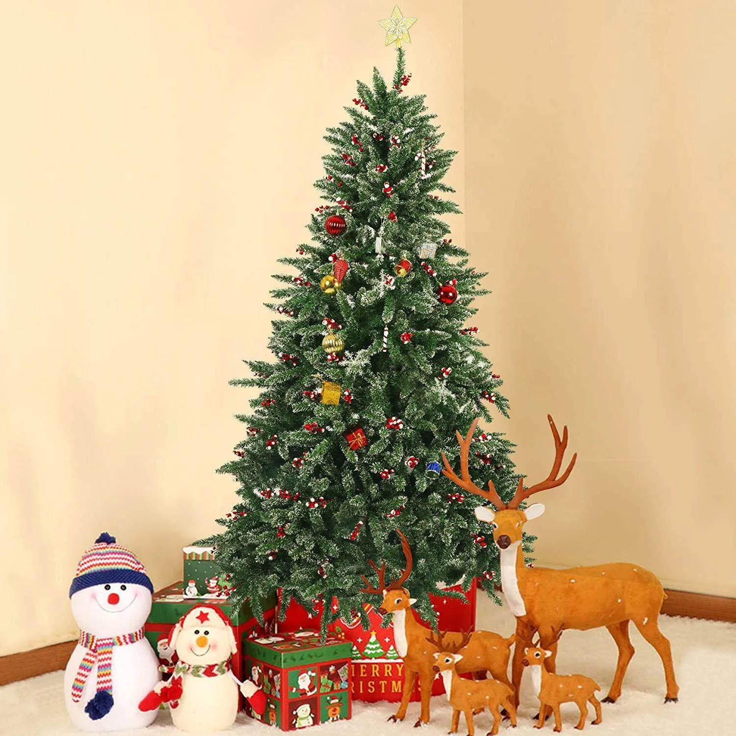 7' Artificial Christmas Tree Snow Flocked 1390 Tips Pine Decoration with Red Cheery