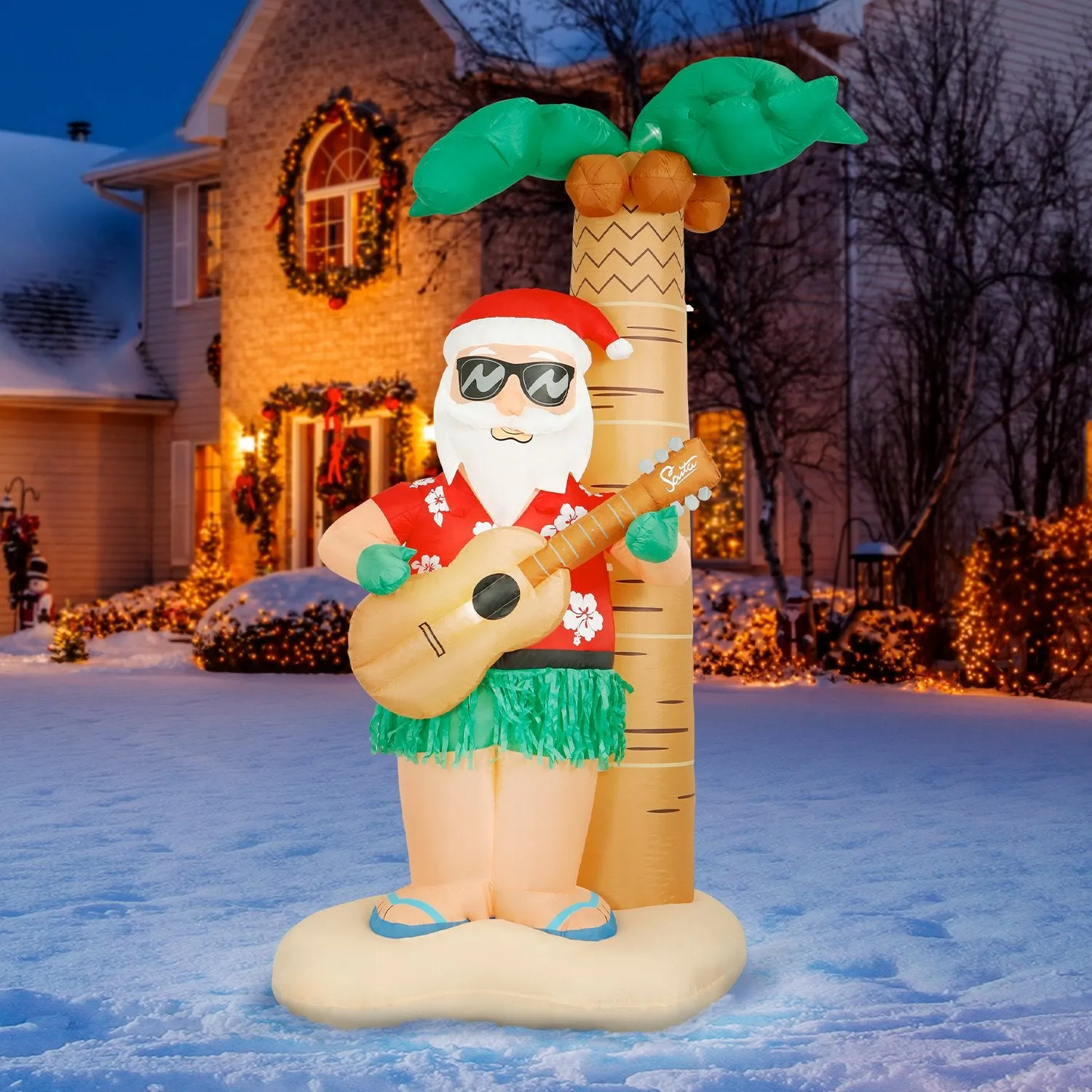 8 ft Inflatable Christmas Hula Santa Outdoor Decoration with LED Lights, Fan, and Stakes