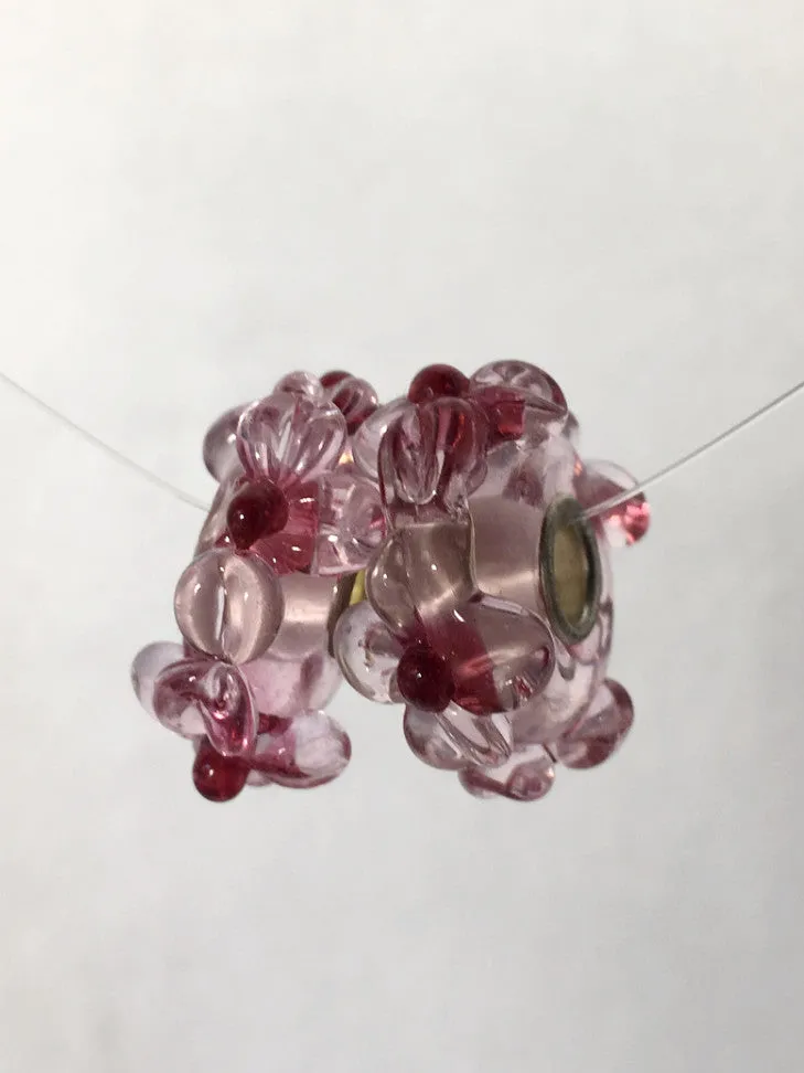 AKELA- European Lampwork Glass HAWAIIAN PINK FLOWERS Large Hole Bead