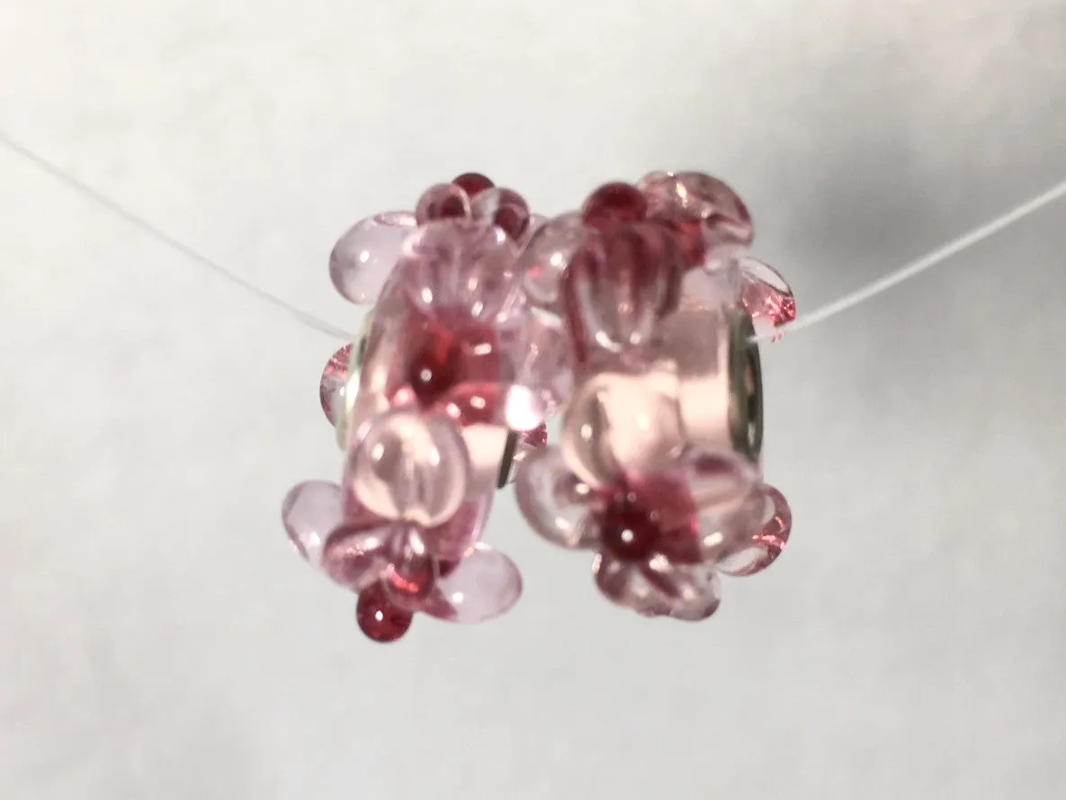 AKELA- European Lampwork Glass HAWAIIAN PINK FLOWERS Large Hole Bead