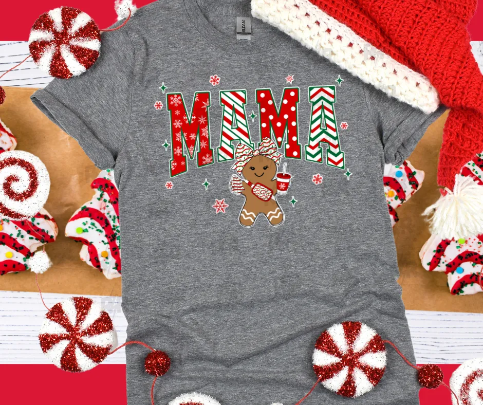 Alternating Christmas Patterned Mama Gingerbread Girl Grey Tee