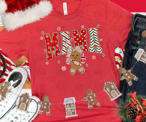 Alternating Christmas Patterned Mama Gingerbread Girl Heather Red Tee