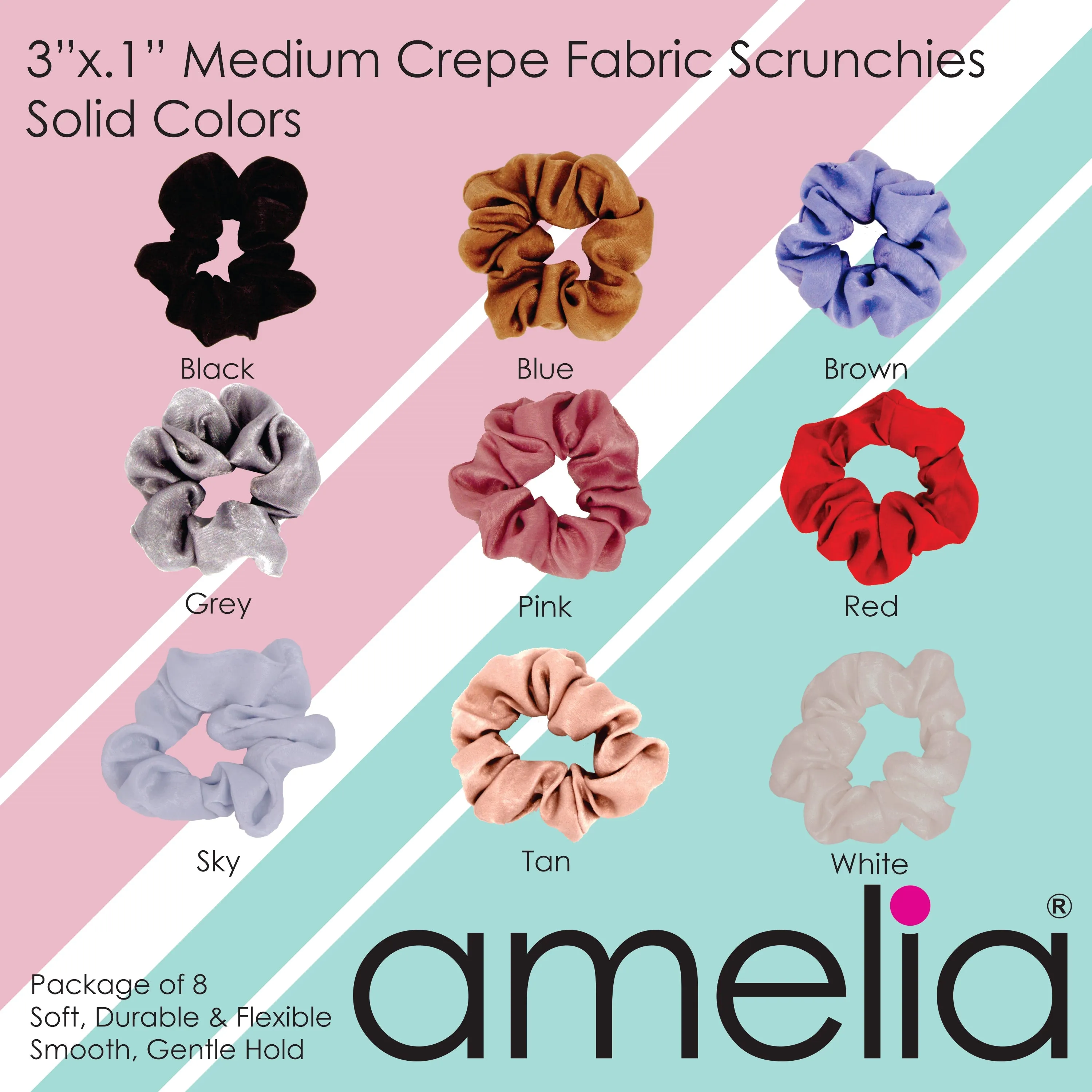 Amelia Beauty | 3in Neutral Colors Crepe Scrunchies | Soft, Gentle and Strong Hold | No Snag, No Dents or Creases | 8 Pack