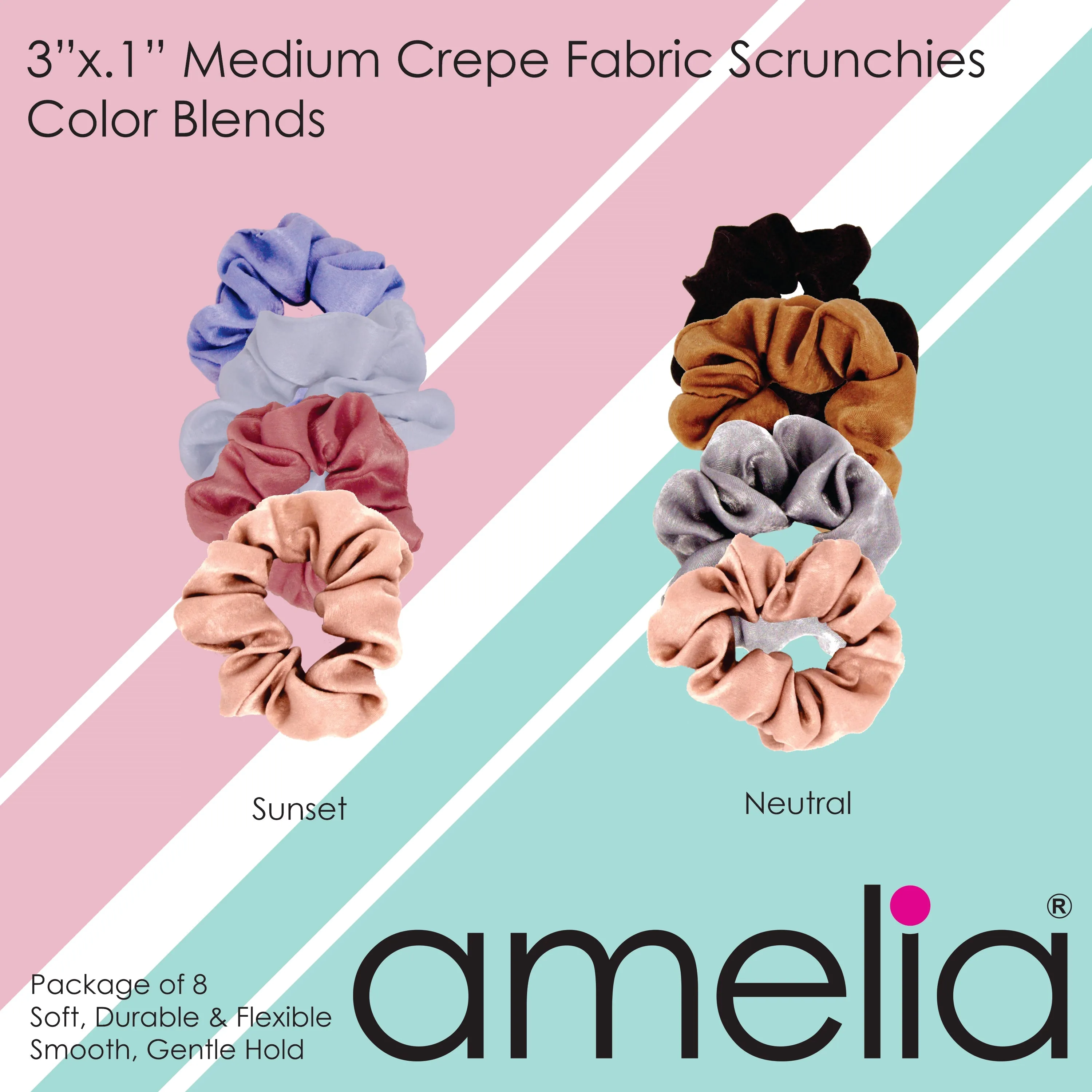 Amelia Beauty | 3in Neutral Colors Crepe Scrunchies | Soft, Gentle and Strong Hold | No Snag, No Dents or Creases | 8 Pack
