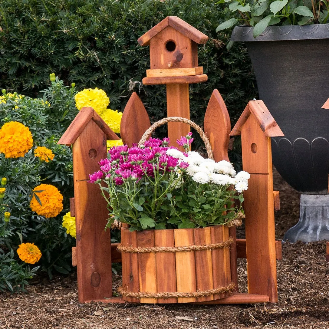 Amish Made Corner Picket Fence Planter with a Birdhouse