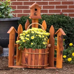 Amish Made Corner Picket Fence Planter with a Birdhouse