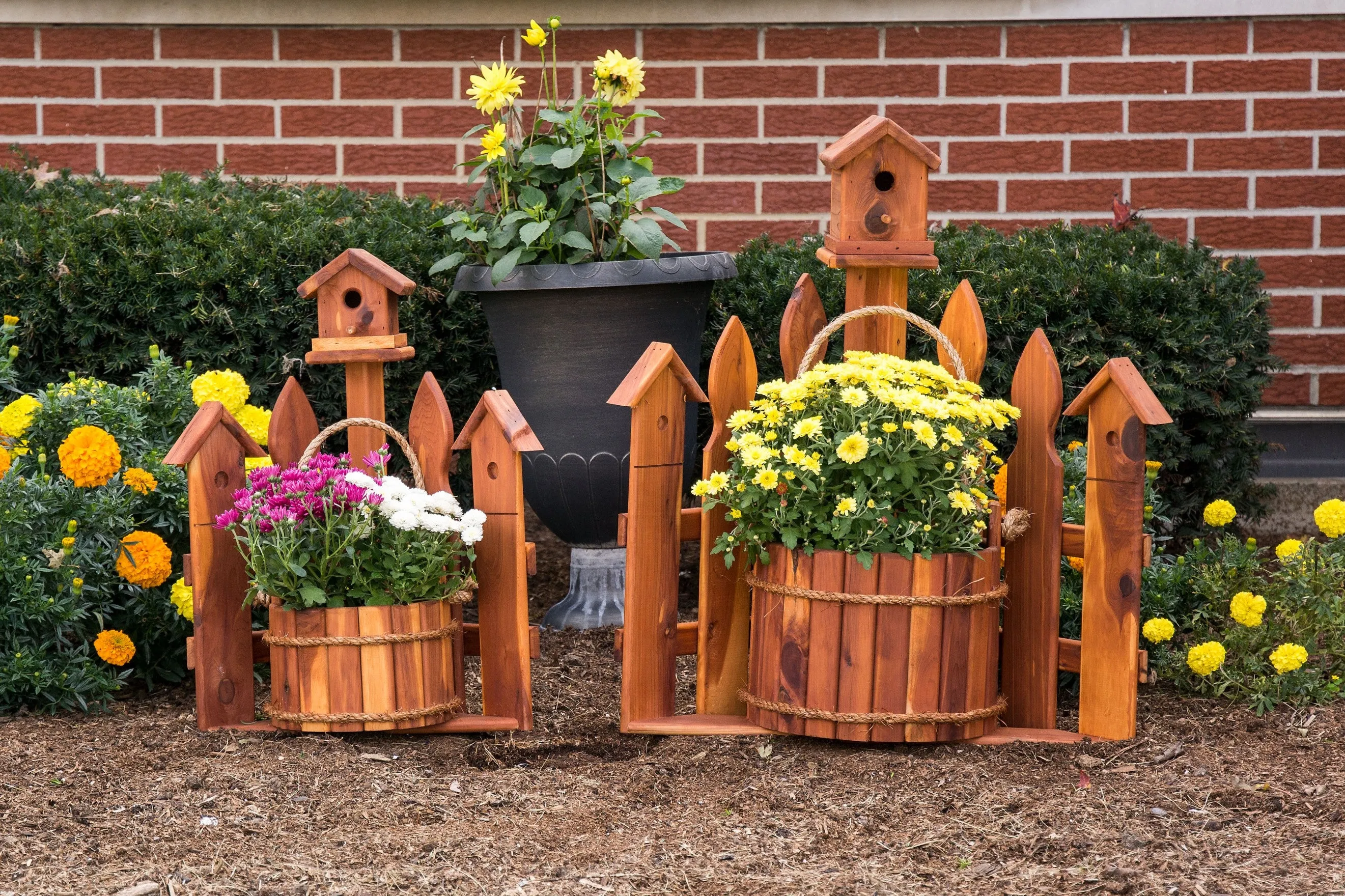 Amish Made Corner Picket Fence Planter with a Birdhouse