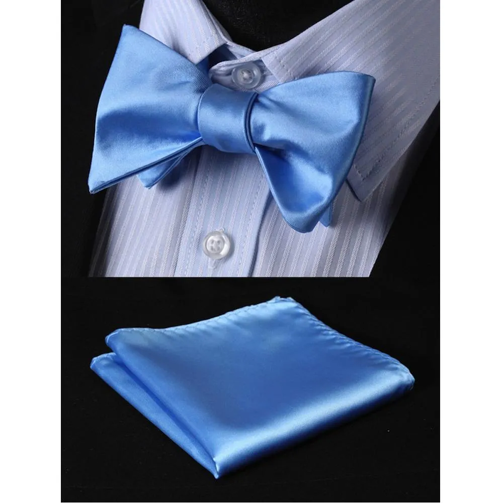 Baby Blue Mens Silk Self tie Bow Tie with Pocket Squares Set