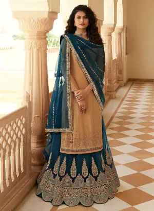 Beige And Blue Designer Heavy  Embroidered Lehenga