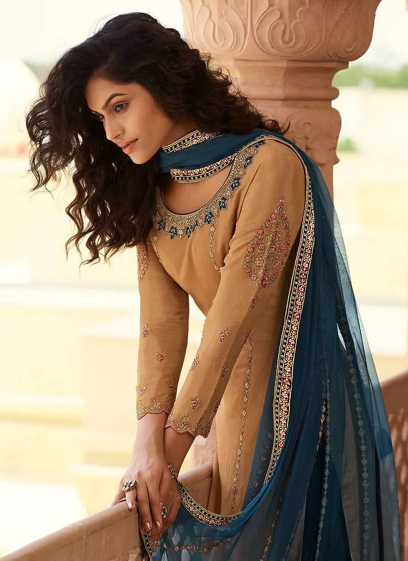 Beige And Blue Designer Heavy  Embroidered Lehenga