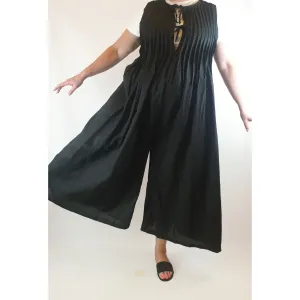 Black linen feel sleeveless wide leg jumpsuit with flattering front pleating size 2XL