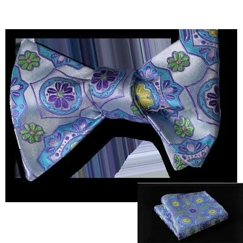 Blue and Yellow Floral Mens Silk Self tie Bow Tie with Pocket Squares Set