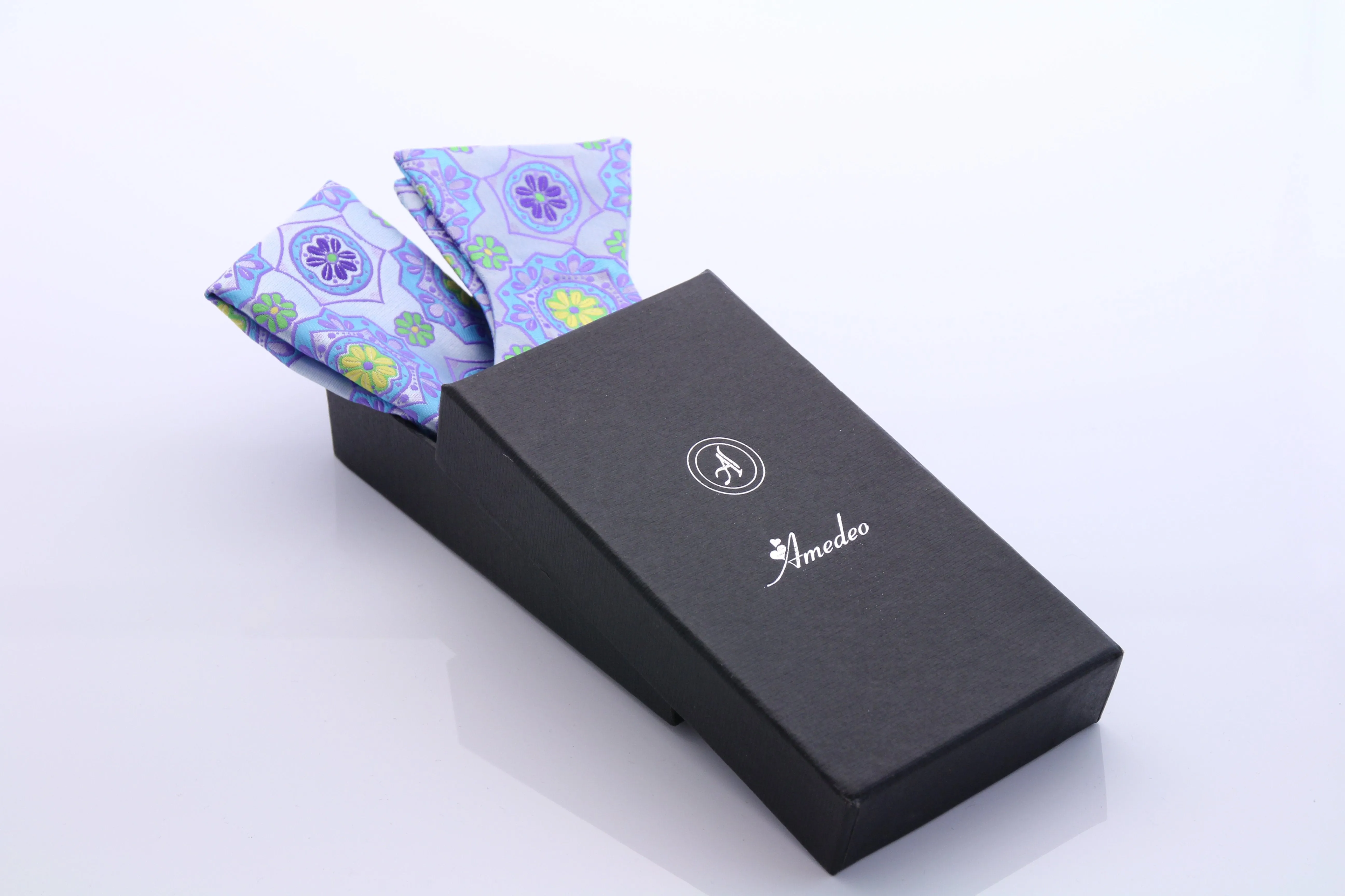 Blue and Yellow Floral Mens Silk Self tie Bow Tie with Pocket Squares Set