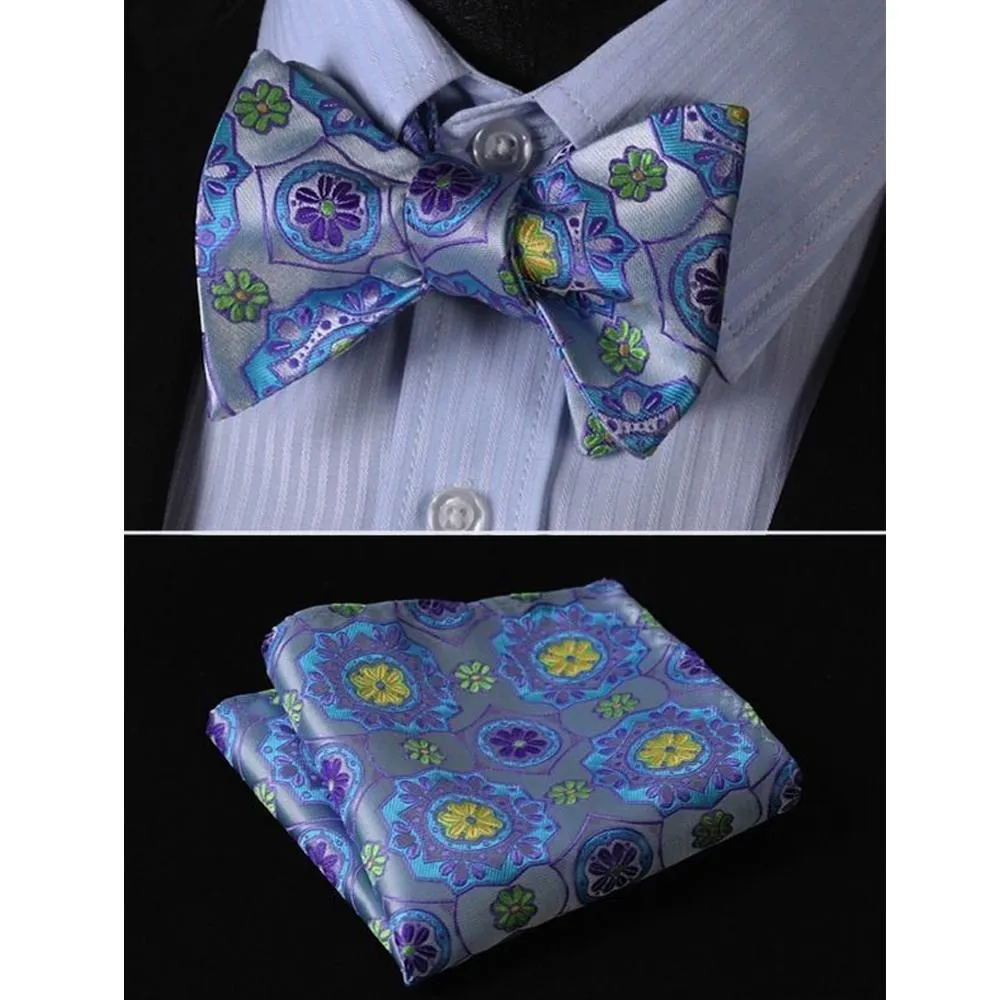 Blue and Yellow Floral Mens Silk Self tie Bow Tie with Pocket Squares Set
