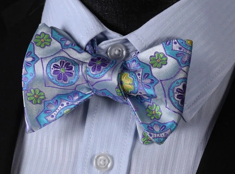 Blue and Yellow Floral Mens Silk Self tie Bow Tie with Pocket Squares Set