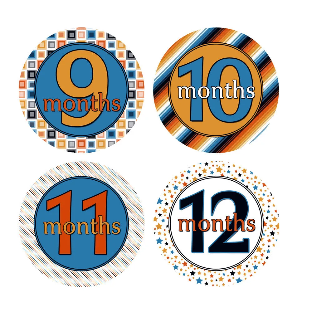 Blue, Orange, Black & White Patterned Monthly Baby Stickers
