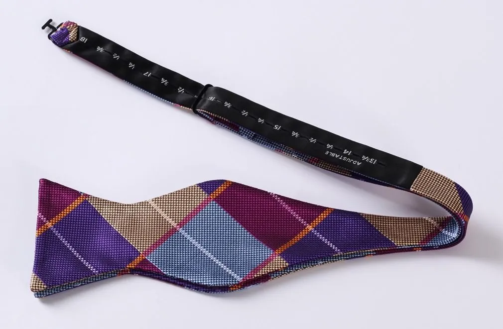 Burgundy Yellow Check Mens Silk Self tie Bow Tie with Pocket Squares Set