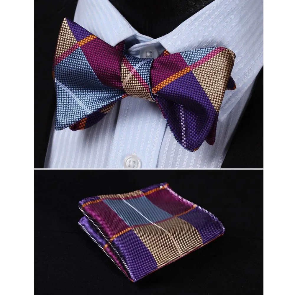 Burgundy Yellow Check Mens Silk Self tie Bow Tie with Pocket Squares Set